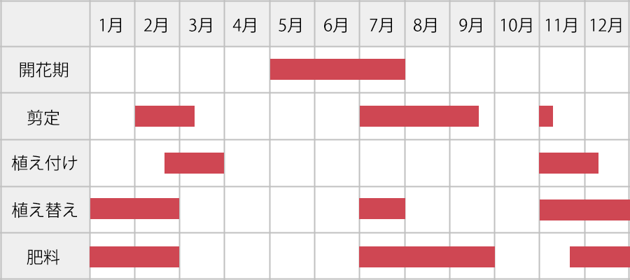 アジサイ（紫陽花）の育て方：年間カレンダー