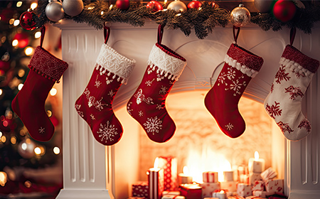暖炉の前に下げられたクリスマスの靴下